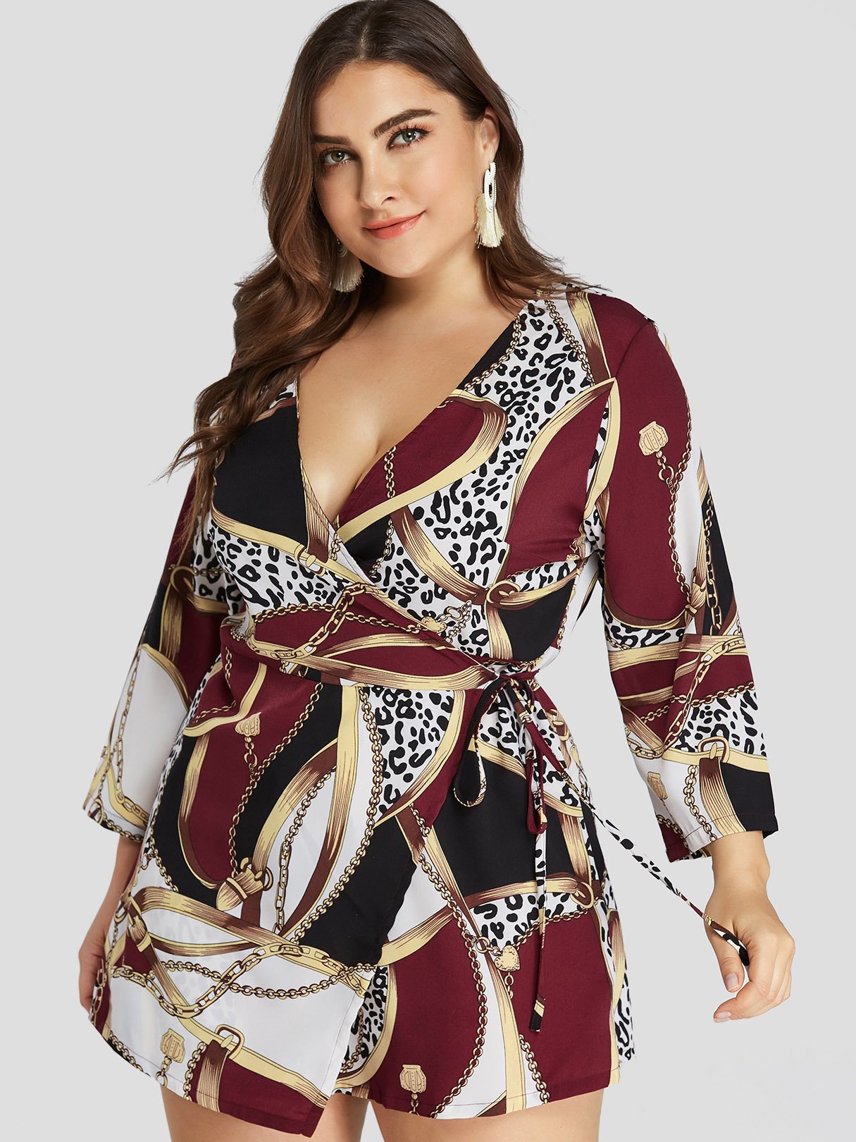Wholesale V-Neck Scarf Print Wrap Long Sleeve Curved Hem Plus Size Dress