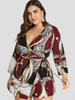 Wholesale V-Neck Scarf Print Wrap Long Sleeve Curved Hem Plus Size Dress