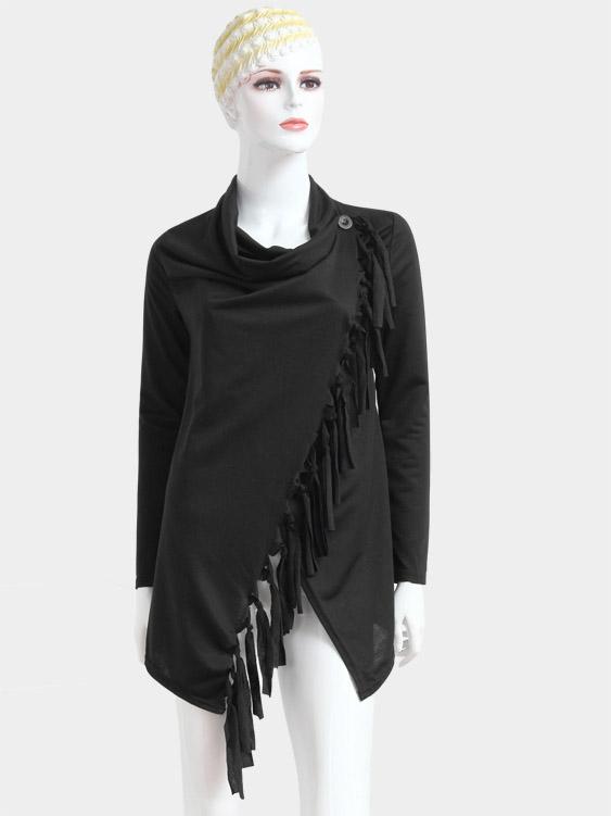 Wholesale Tassel Long Sleeve Irregular Hem Black T-Shirts