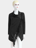 Wholesale Tassel Long Sleeve Irregular Hem Black T-Shirts