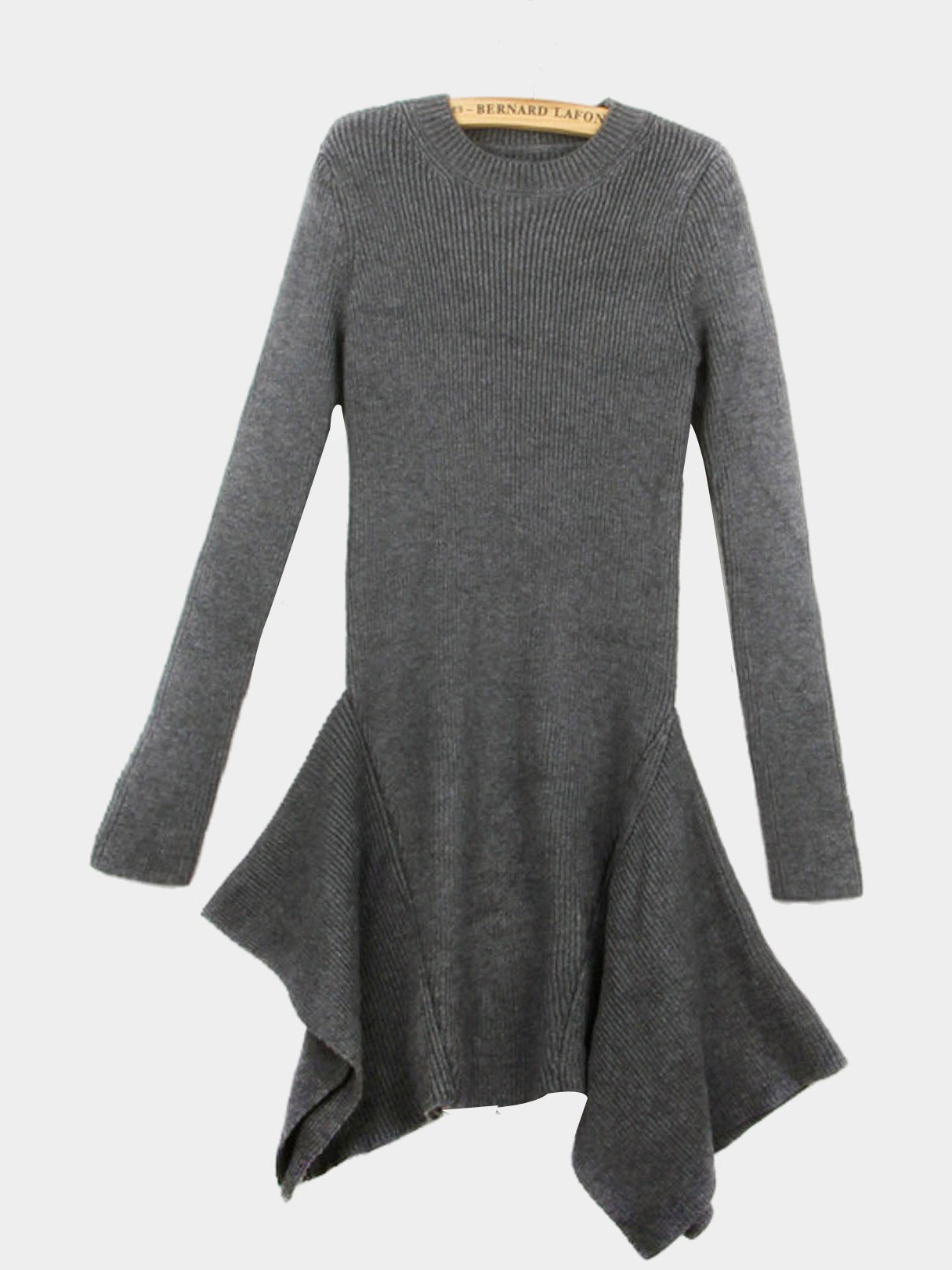 Wholesale Grey Crew Neck Long Sleeve Irregular Hem Casual Dresses