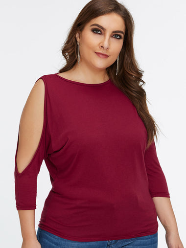 Wholesale Round Neck Plain Cut Out 3/4 Sleeve Burgundy Plus Size Tops