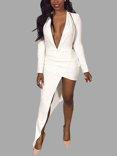 Wholesale White V-Neck Long Sleeve Plain Dresses