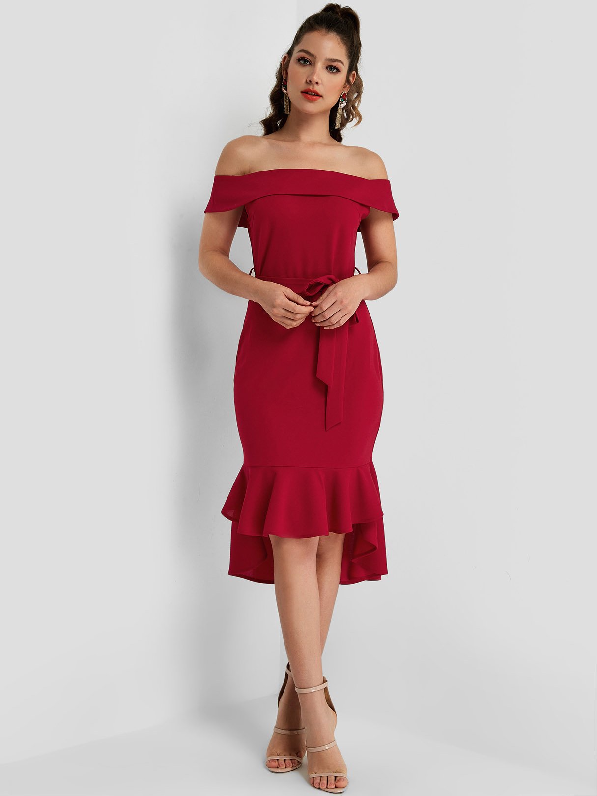 OEM Ladies Burgundy Off The Shoulder Dresses