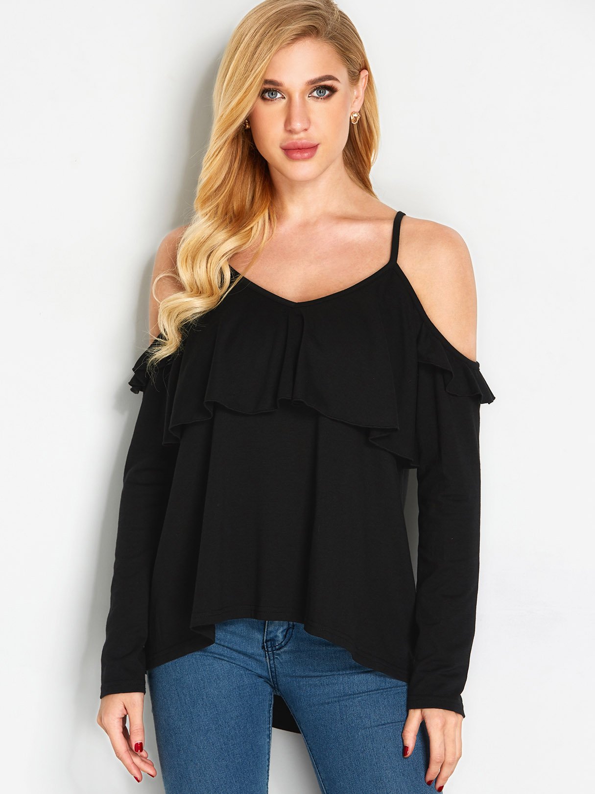 Wholesale Cold Shoulder Plain Spaghetti Strap Long Sleeve Black Blouses