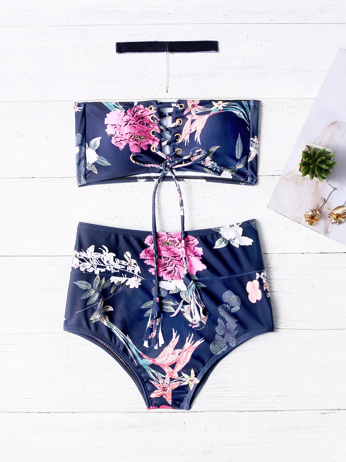 Wholesale Black Strapless Sleeveless Floral Print Crossed Front Lace-Up Two Piece Bikinis