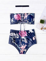 Wholesale Black Strapless Sleeveless Floral Print Crossed Front Lace-Up Two Piece Bikinis