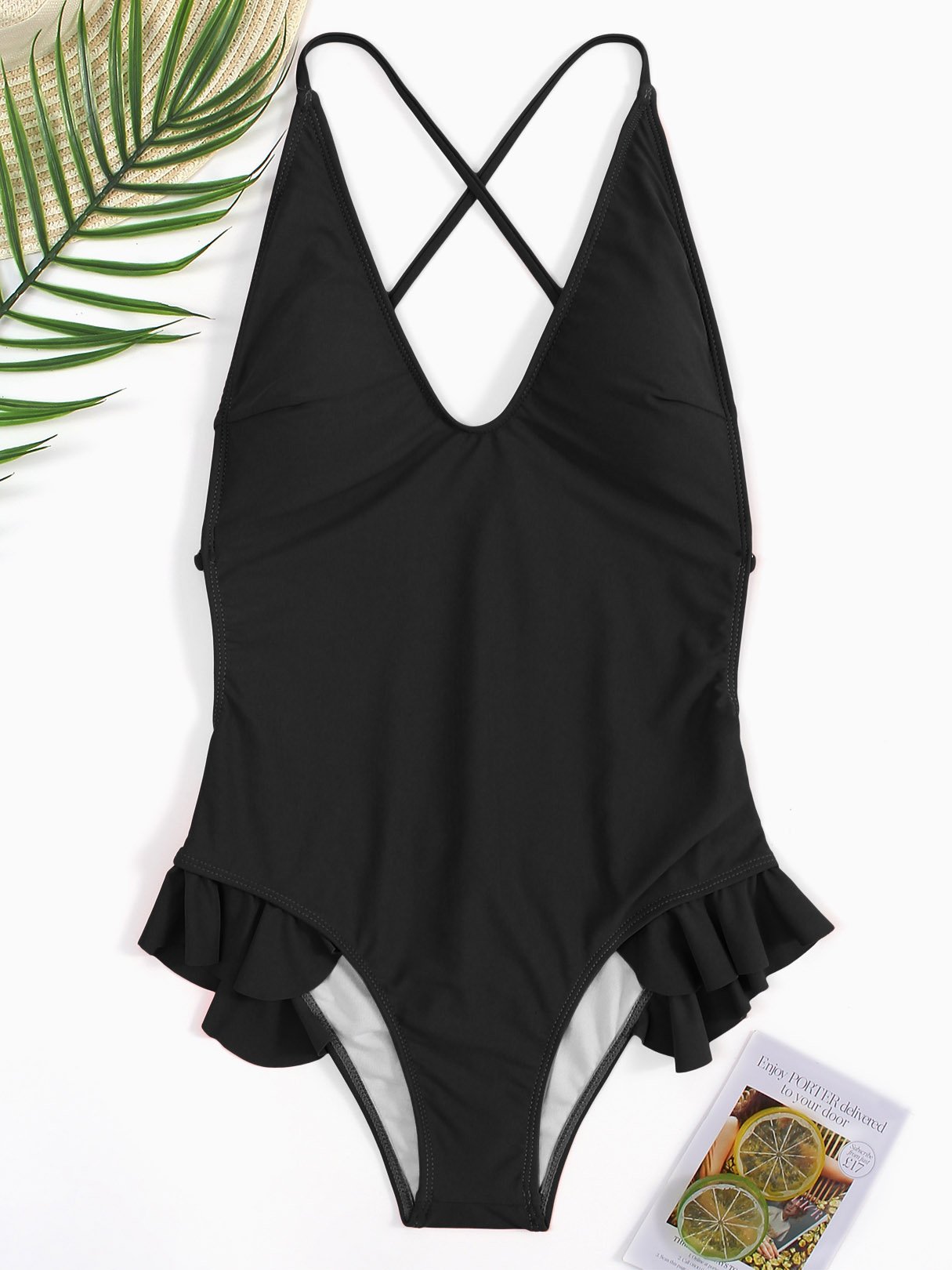 Wholesale Black Halter Sleeveless Plain Backless Flounced Hem One-Pieces