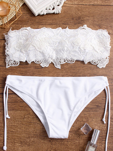 Wholesale White Strapless Off The Shoulder Sleeveless Plain Lace Cut Out Two Piece Bikinis