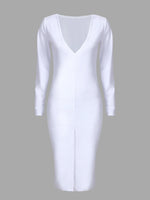 Wholesale V-Neck Long Sleeve Slit Hem Midi Dress