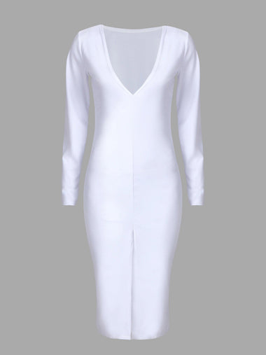 Wholesale V-Neck Long Sleeve Slit Hem Midi Dress