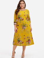Wholesale Round Neck Floral Print Side Pockets Long Sleeve Flounced Hem Plus Size Dress