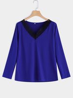 Wholesale V-Neck Plain Lace Long Sleeve Blue T-Shirts