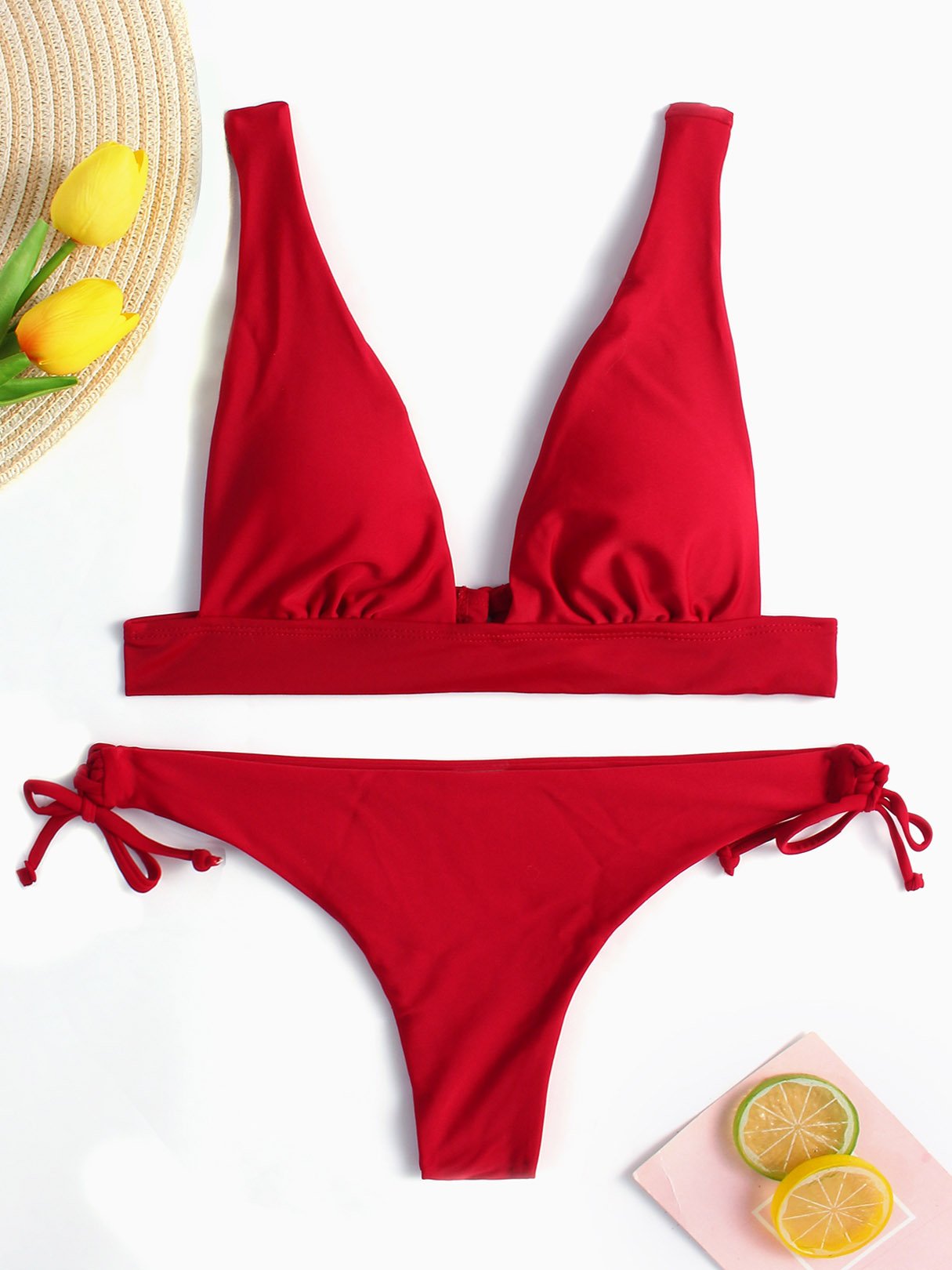 Wholesale Burgundy V-Neck Sleeveless Plain Lace-Up High-Waisted 2 Piece Bikinis