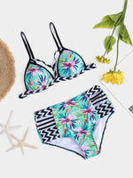 Wholesale V-Neck Stripe Floral Print Sleeveless High-Waisted Bikinis