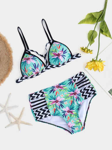 Wholesale V-Neck Stripe Floral Print Sleeveless High-Waisted Bikinis