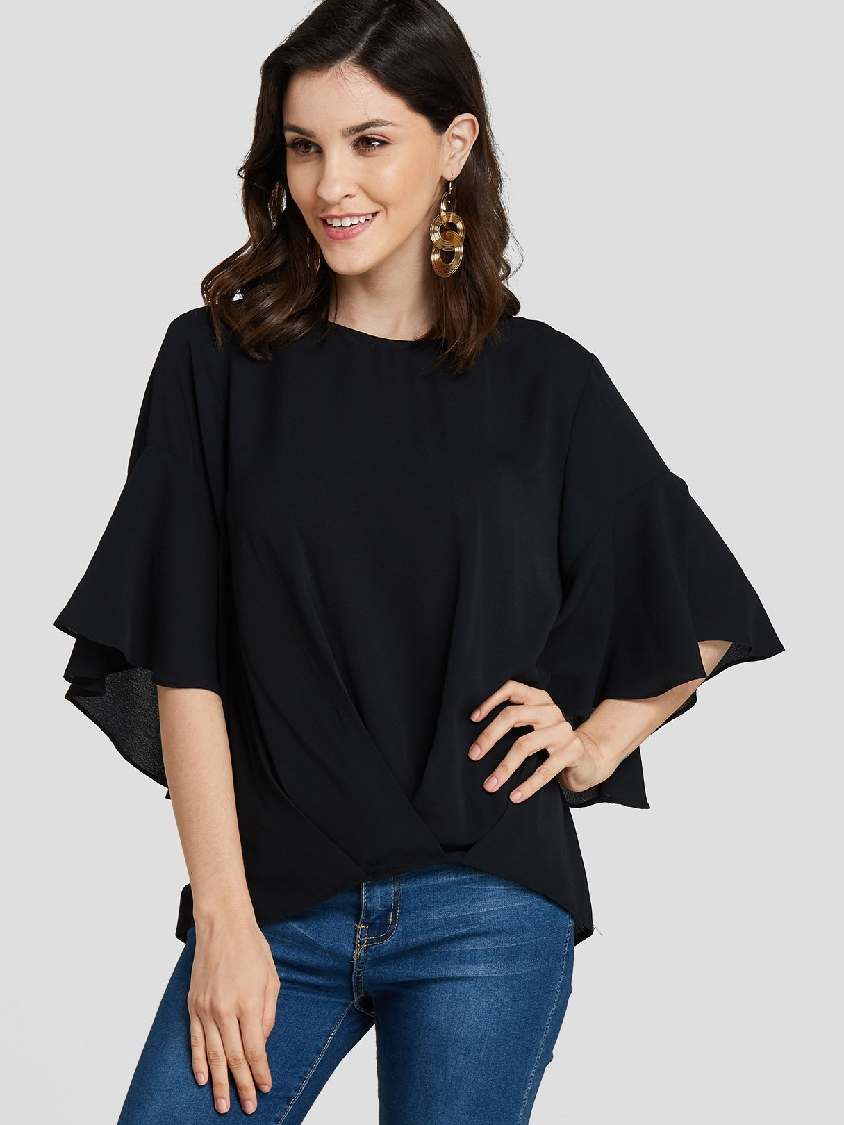 Wholesale Round Neck Plain Half Sleeve Black Blouses