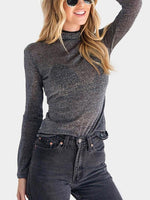 Wholesale Round Neck Sheer Long Sleeve Black T-Shirt