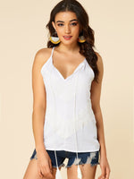 Wholesale V-Neck Crochet Lace Embellished Spaghetti Strap Sleeveless White Tank Top