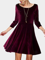 Wholesale Scoop Neck Backless Long Sleeve Ruffle Hem Burgundy Mini Dress