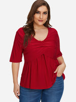 Wholesale Round Neck Plain Pleated Half Sleeve Red Plus Size Tops
