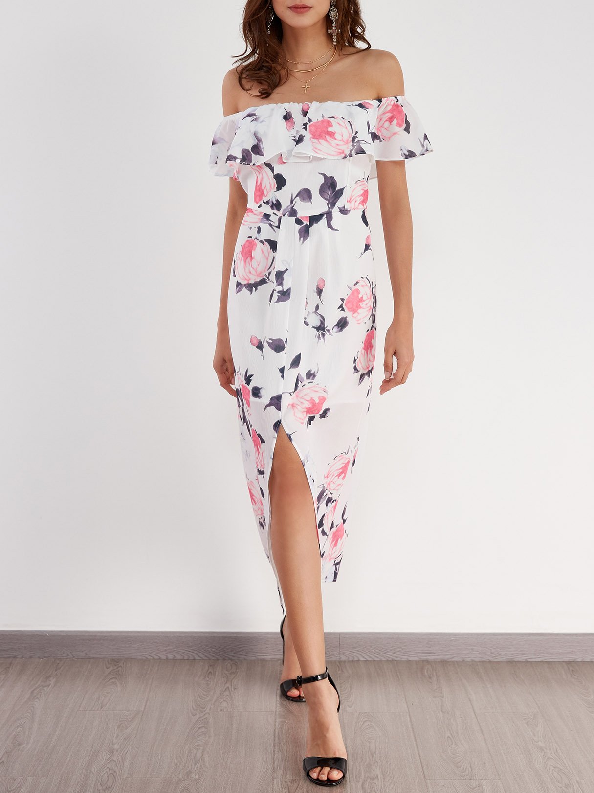 Wholesale White Off The Shoulder Short Sleeve Floral Print Backless Slit Hem Dresses