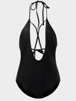 Wholesale Black Deep V Neck Sleeveless Plain Backless Lace-Up Tie-Up One-Pieces