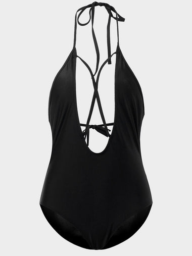 Wholesale Black Deep V Neck Sleeveless Plain Backless Lace-Up Tie-Up One-Pieces