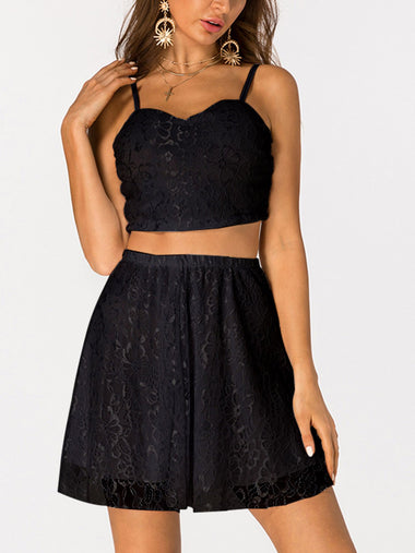 Wholesale Black V-Neck Sleeveless Embroidered Lace Zip Back Two Piece Outfits