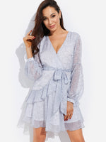 Wholesale V-Neck Long Sleeve Floral Print Lace-Up Belt Wrap Flounced Hem Dresses