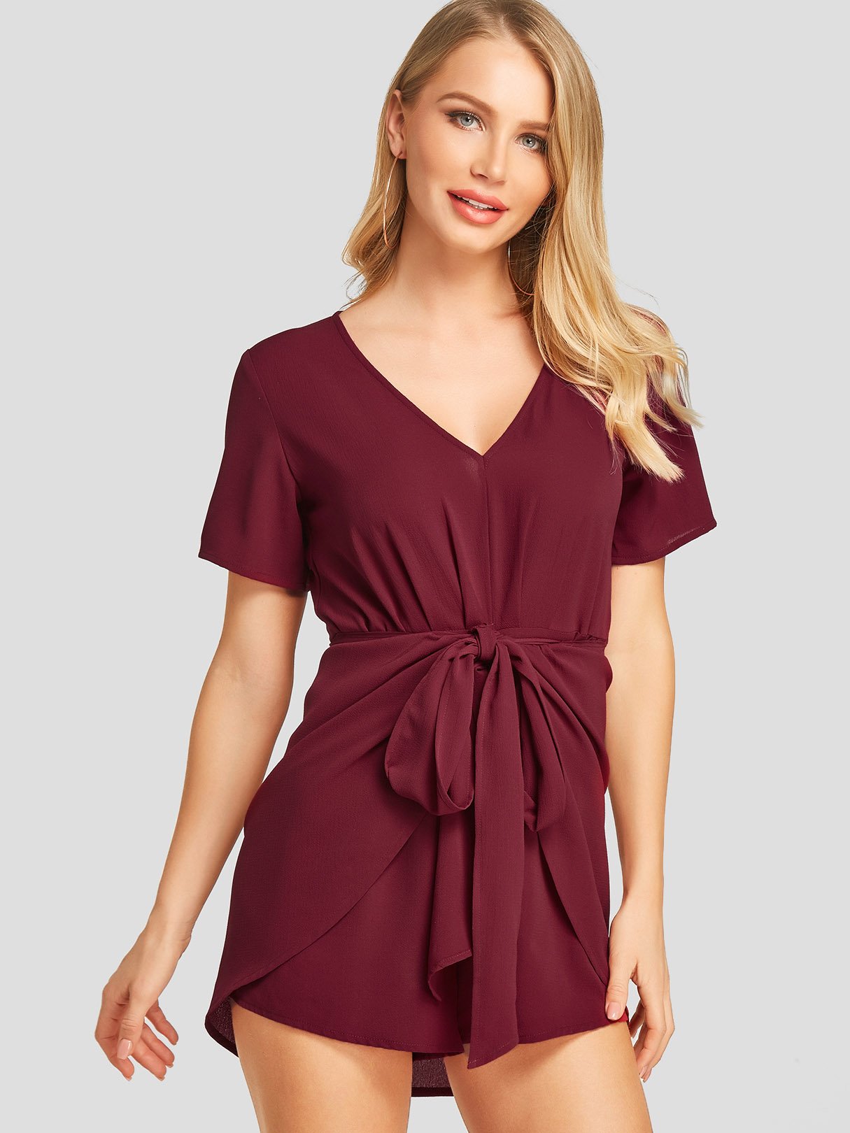 Wholesale Wine Red Short Sleeve Plain Zip Back Self-Tie Irregular Hem Mini Dresses