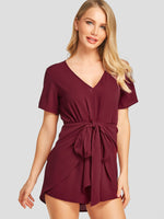 Wholesale Wine Red Short Sleeve Plain Zip Back Self-Tie Irregular Hem Mini Dresses