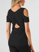 Wholesale Scoop Neck Cold Shoulder Plain Hollow Cut Out Pleated Short Sleeve Black T-Shirts