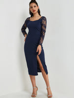 Wholesale Blue Square Neck Long Sleeve Lace Slit Hem Sexy Dresses