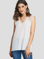 Wholesale V-Neck Plain Crochet Lace Embellished Sleeveless White Blouses