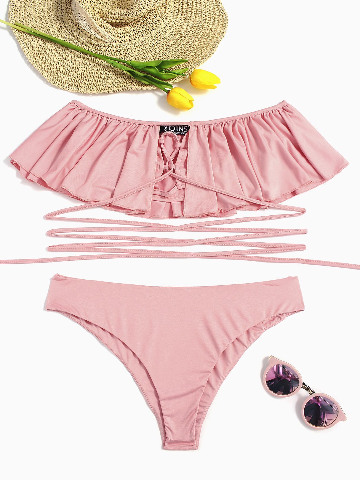 Wholesale Off The Shoulder Backless Lace-Up Sleeveless Bodycon Hem Pink Bikinis