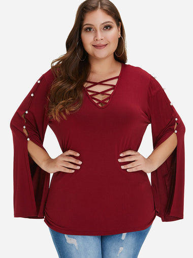 Wholesale V-Neck Plain Handmade Beaded Slit Criss-Cross Long Sleeve Burgundy Plus Size Tops