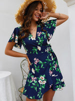 Wholesale V-Neck Short Sleeve Floral Print Self-Tie Wrap Flounced Hem Dresses