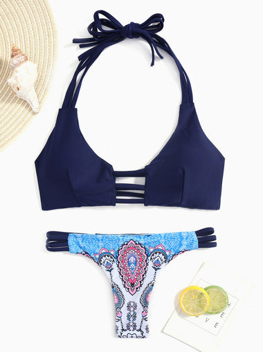 Wholesale Navy Halter Sleeveless Floral Print Wireless Two Piece Bikinis