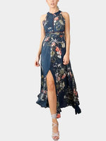 Wholesale Slit Hem Halter Floral Print Maxi Dress