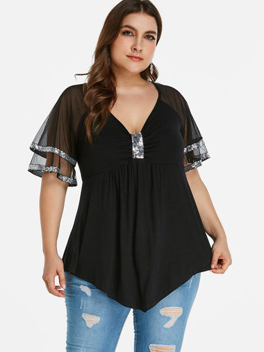 Wholesale V-Neck Lace Sequins Embellished Handkerchief Hem Plus Size Tops