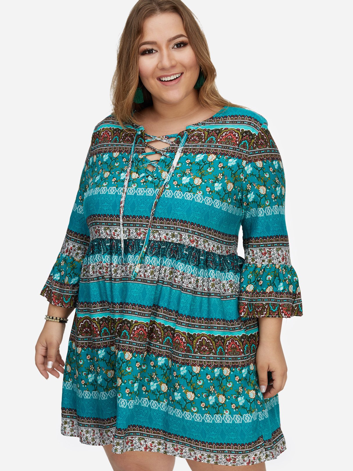 Wholesale Round Neck Floral Print Calico Hollow Lace-Up Pleated Criss-Cross Long Sleeve Flounced Hem Plus Size Mini Dress