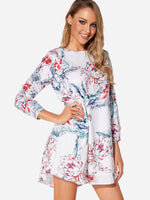 Wholesale White Round Neck Long Sleeve Floral Print Curved Hem Dresses