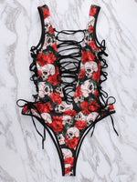 Wholesale Floral Print Backless Lace-Up Sleeveless One-Pieces