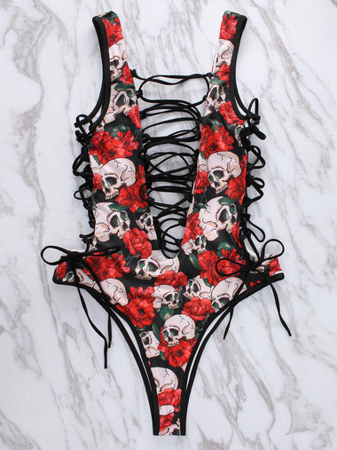 Wholesale Floral Print Backless Lace-Up Sleeveless One-Pieces