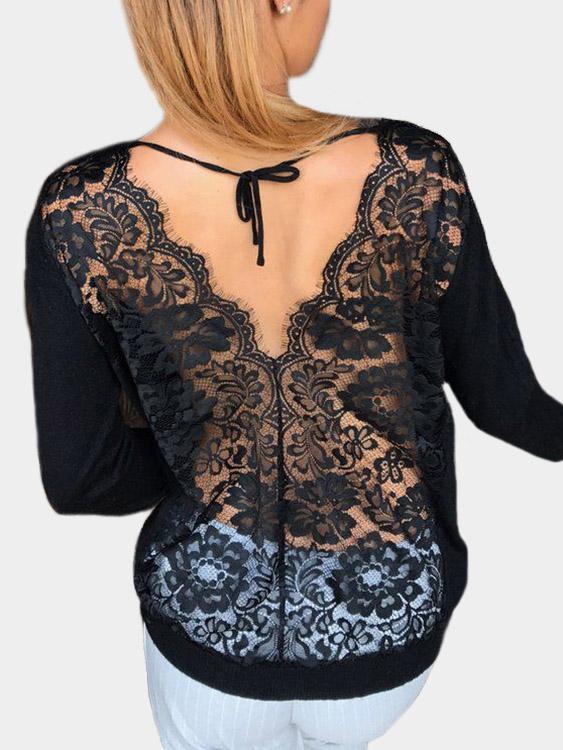 Wholesale Round Neck Plain Lace Backless Long Sleeve Black T-Shirts