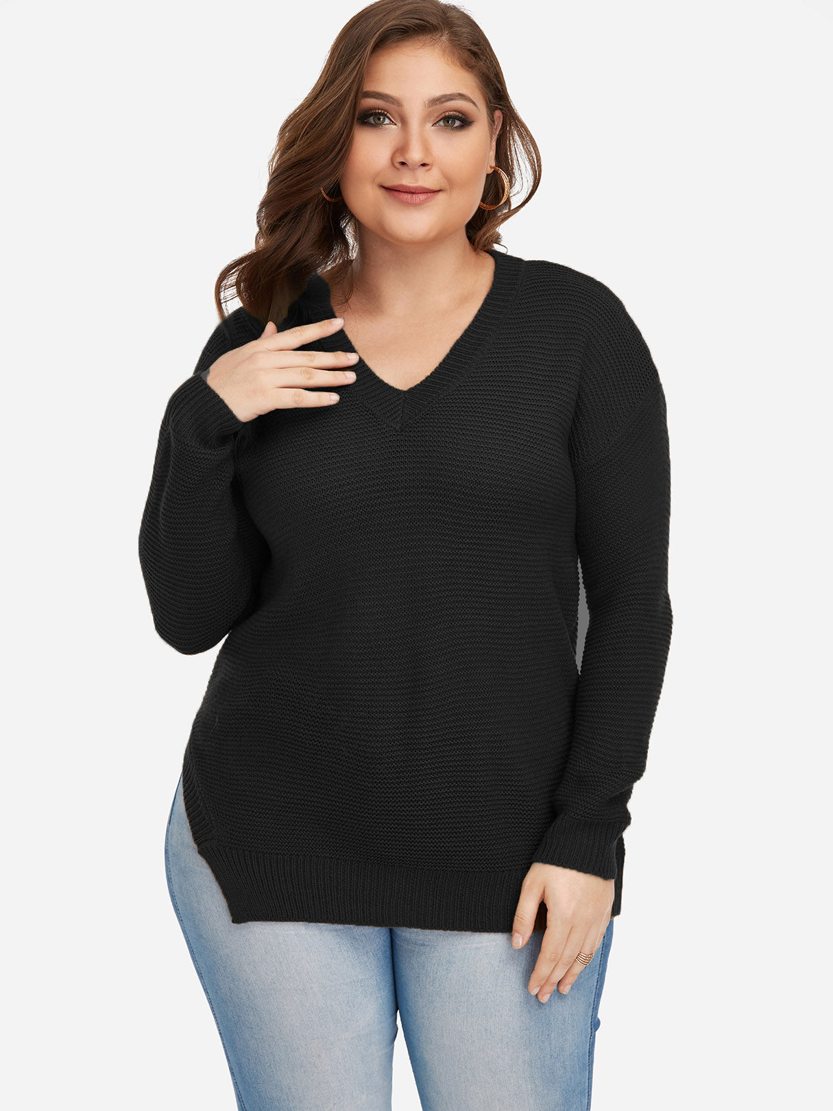 Wholesale V-Neck Plain Long Sleeve Black Plus Size Tops