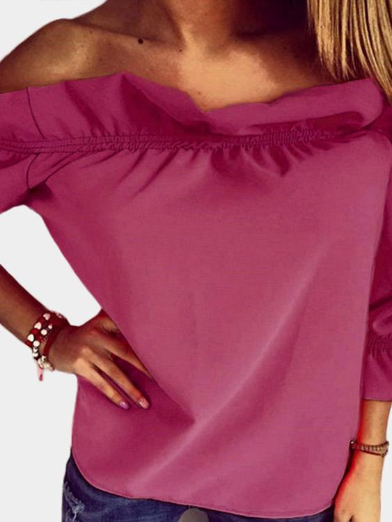 Wholesale Off The Shoulder Pleated 3/4 Sleeve Bodycon Hem Red T-Shirts