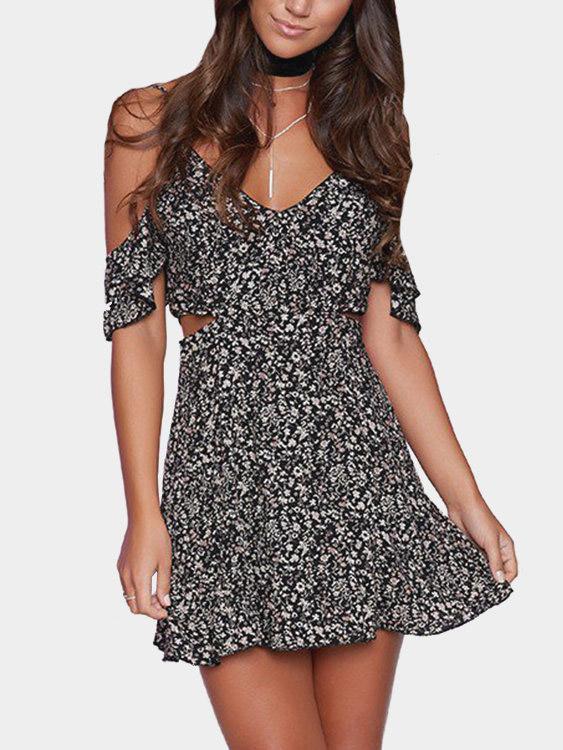 Wholesale Black V-Neck Short Sleeve Floral Print Cut Out Sexy Dress
