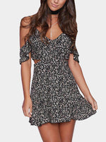 Wholesale Black V-Neck Short Sleeve Floral Print Cut Out Sexy Dress